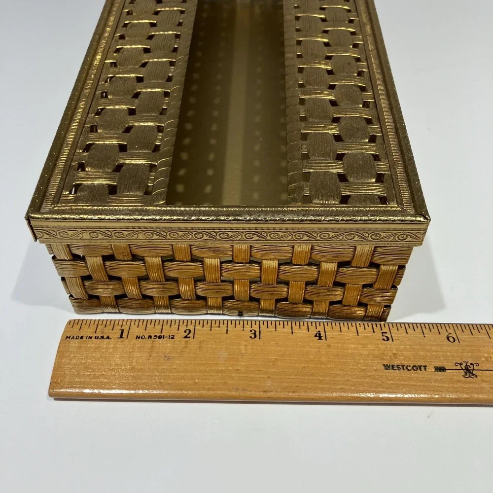 Vtg Gold Tone Metal Rectangular Tissue Box 2 Pc-Vanity Decor-Hollywood Regency
